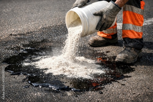 Worker in safety gear pours absorbent powder onto an oil spill on asphalt. Illustrates industrial cleanup and environmental protection. Ideal for road safety and maintenance content.