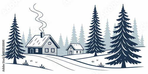 A serene winter scene with a cozy cabin nestled among tall pine trees Vector
