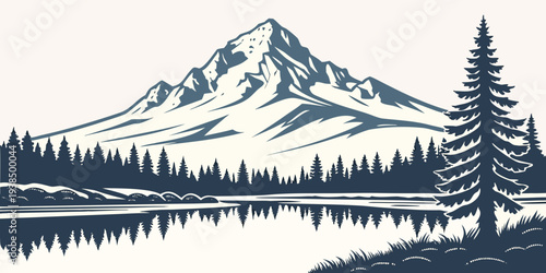 Majestic mountain peak surrounded by dense forest and tranquil lake Vector