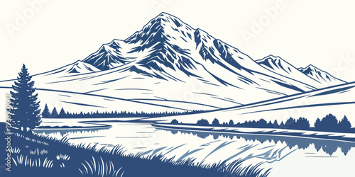 Majestic mountain peak with snow-covered slopes and a forested valley below Vector