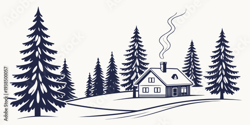 A serene cabin nestled in a snowy forest with a chimney emitting smoke. Vector