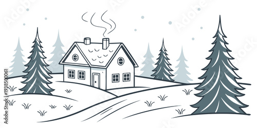A charming winter scene with a cozy house surrounded by snow-covered trees Vector