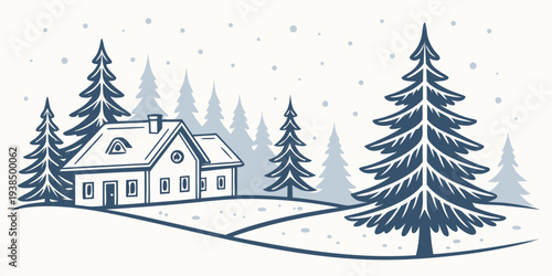 A serene winter scene with a cozy cabin surrounded by tall pine trees Vector