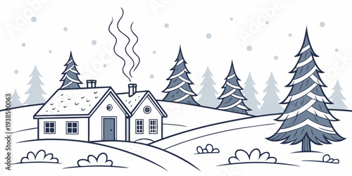 A serene winter scene with a quaint house surrounded by snow-covered trees and a peaceful atmosphere Vector