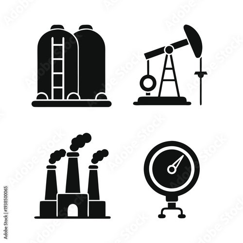 Four black and white industrial including storage tanks oil pump factory and pressure gauge