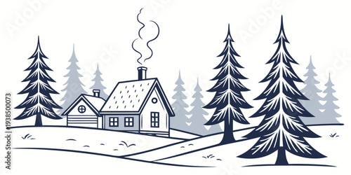 A serene winter scene with a skier gliding down a snow-covered slope surrounded by tall pine trees. Vector