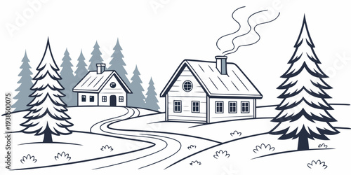 A serene winter scene with a cozy house surrounded by snow-covered trees Vector