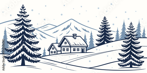 A serene winter landscape with cabins nestled among tall pine trees and snow-covered mountains Vector