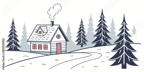 A family of four enjoying a winter vacation in a cozy cabin surrounded by snow-covered trees Vector
