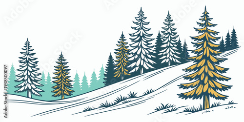 A picturesque winter landscape with snow-covered trees and a winding road. Vector