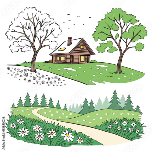 A charming countryside cottage surrounded by lush greenery and trees Vector