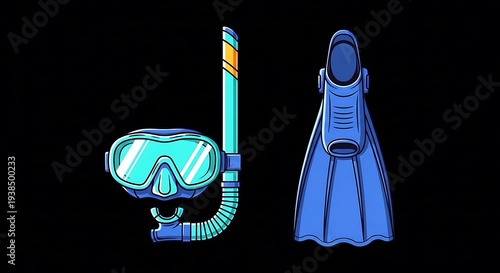 Wallpaper Mural Vector illustration of scuba diving gear mask, snorkel, and fin. Black background Torontodigital.ca