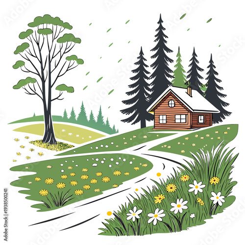 A serene landscape with a winding path leading to a cozy cabin in the woods Vector