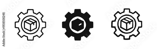 Gear and box product management icon set. Manufacturing, logistics, and production process concept.
