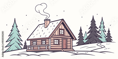 A charming winter cabin nestled in a snowy forest with smoke rising from the chimney. Vector