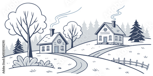 A picturesque winter scene with a winding road through a snowy village and forest Vector