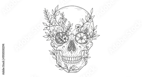 Detailed Floral Skull Illustration Artwork Design.