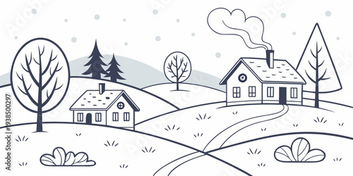 A charming countryside scene with houses, trees, and a winding road. Vector