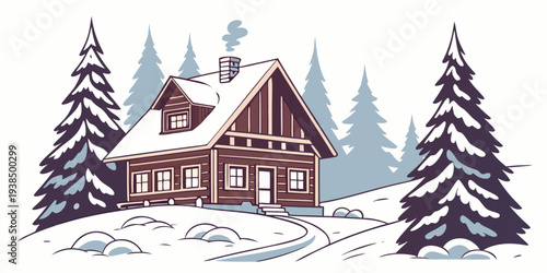 A picturesque winter scene with a cozy cabin nestled among snow-covered trees Vector