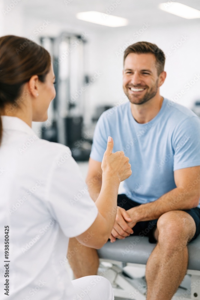 Obraz premium Female physiotherapist shows thumbs up to a smiling male patient in a rehab clinic. Positive atmosphere of recovery and health. Useful for medical, fitness, and physical therapy content.