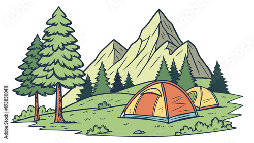 Camping in the mountains with tents and trees under a clear blue sky Vector