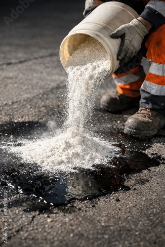 A worker pours white absorbent granules onto a dark oil spill on asphalt. Industrial safety and environmental cleanup procedure. Suitable for safety manuals and industrial services.