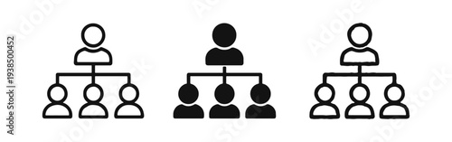 Organization chart and team hierarchy icon set. Business management, leadership, and group structure concept.