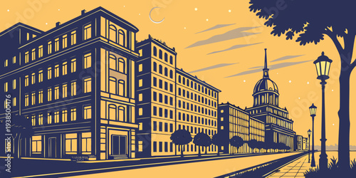 Historic buildings and a clock tower under a clear blue sky in a city Vector