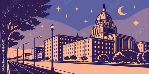 A serene night scene featuring a grand building with a clock tower and a crescent moon. Vector