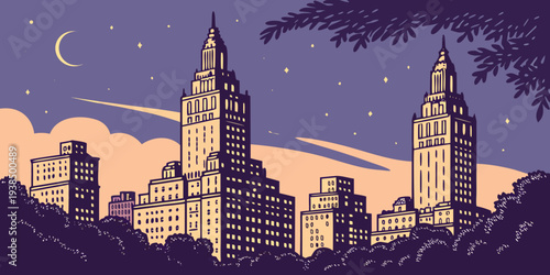 A surreal cityscape with towering structures and a starry night sky Vector