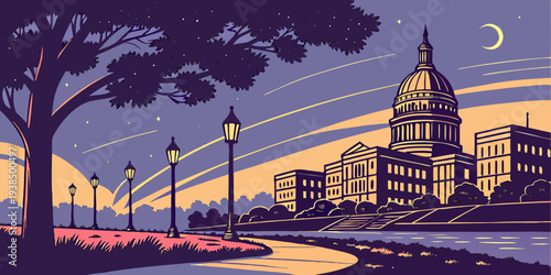 A serene city skyline under a starry night sky with a crescent moon. Vector