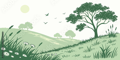 A serene landscape with a large tree standing tall on a lush green hillside Vector