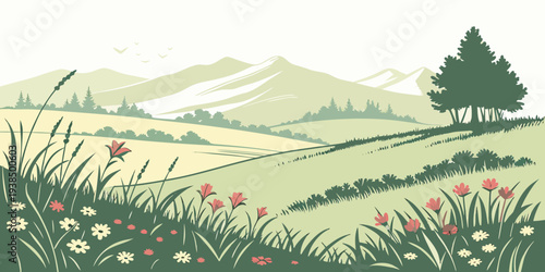 A serene landscape of rolling hills and lush green fields under a clear blue sky. Vector
