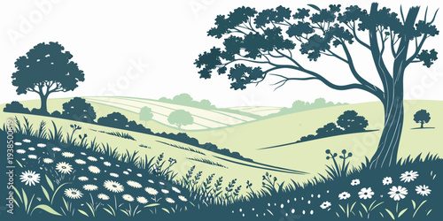 A serene landscape with rolling hills and a solitary tree in the distance Vector