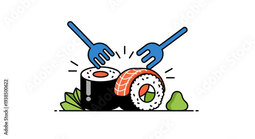Sushi rolls with chopsticks and greenery