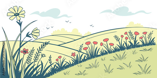 A vibrant and colorful landscape with rolling hills and wildflowers Vector