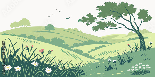 A serene landscape painting featuring a lush green field with a solitary tree in the distance Vector