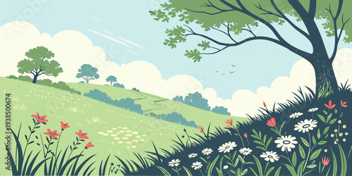 A serene landscape of rolling hills and lush greenery under a clear blue sky Vector