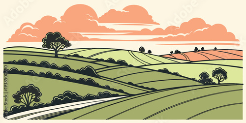 A serene landscape of rolling hills and a clear blue sky with scattered clouds Vector
