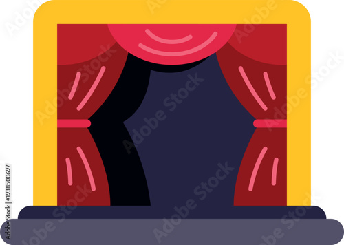 Empty theater stage with red curtains and proscenium arch