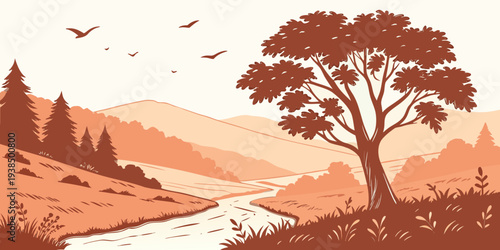 A serene landscape with a large tree and birds flying over a valley. Vector