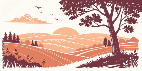 A serene landscape of rolling hills and a solitary tree under a clear blue sky. Vector