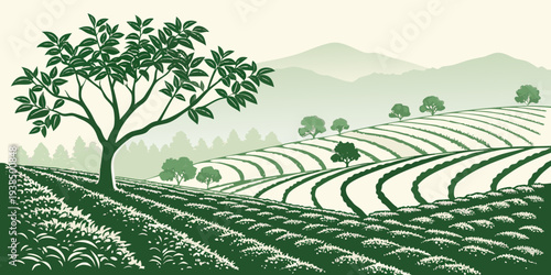 A serene landscape of trees and rolling hills under a clear sky Vector
