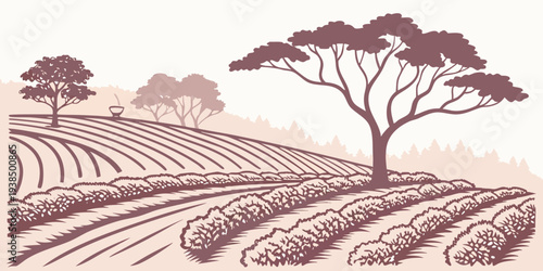 A serene landscape featuring a vast field with rows of crops and distant trees Vector