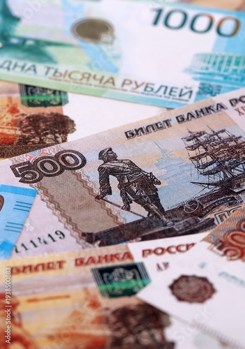 Wallpaper Mural Russian ruble money bills pile on table. Russia banknotes of RUB currency close up. Torontodigital.ca