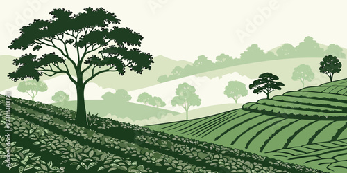 A serene landscape of rolling hills covered in lush green grass and dotted with trees Vector