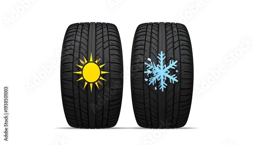 Two tires symbolize summer and winter with sun and snowflake icons on their treads against a white backdrop