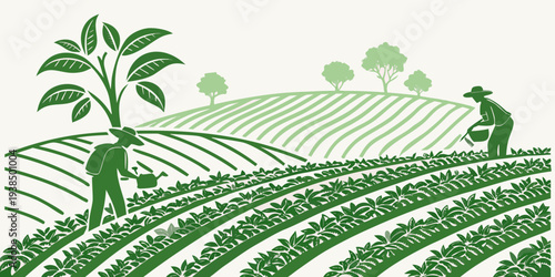 A serene landscape with rolling hills, lush greenery, and a clear blue sky Vector