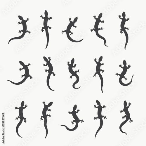 Gecko lizard silhouette set. Reptile shapes collection in different poses. Minimal black animal vector icons isolated on white.