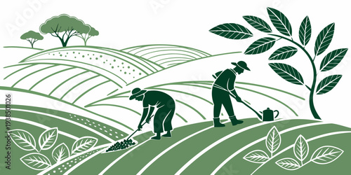 A serene landscape featuring a lush green field with trees and animals grazing Vector